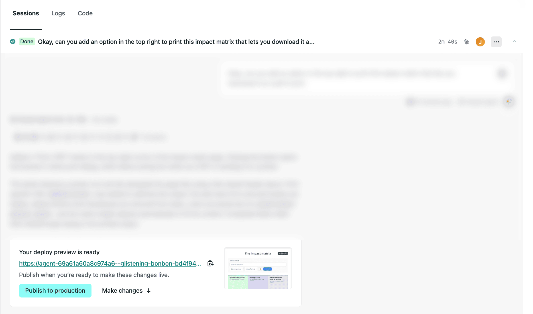 Screenshot of the agent runs dashboard showing a completed run with a Deploy Preview screenshot