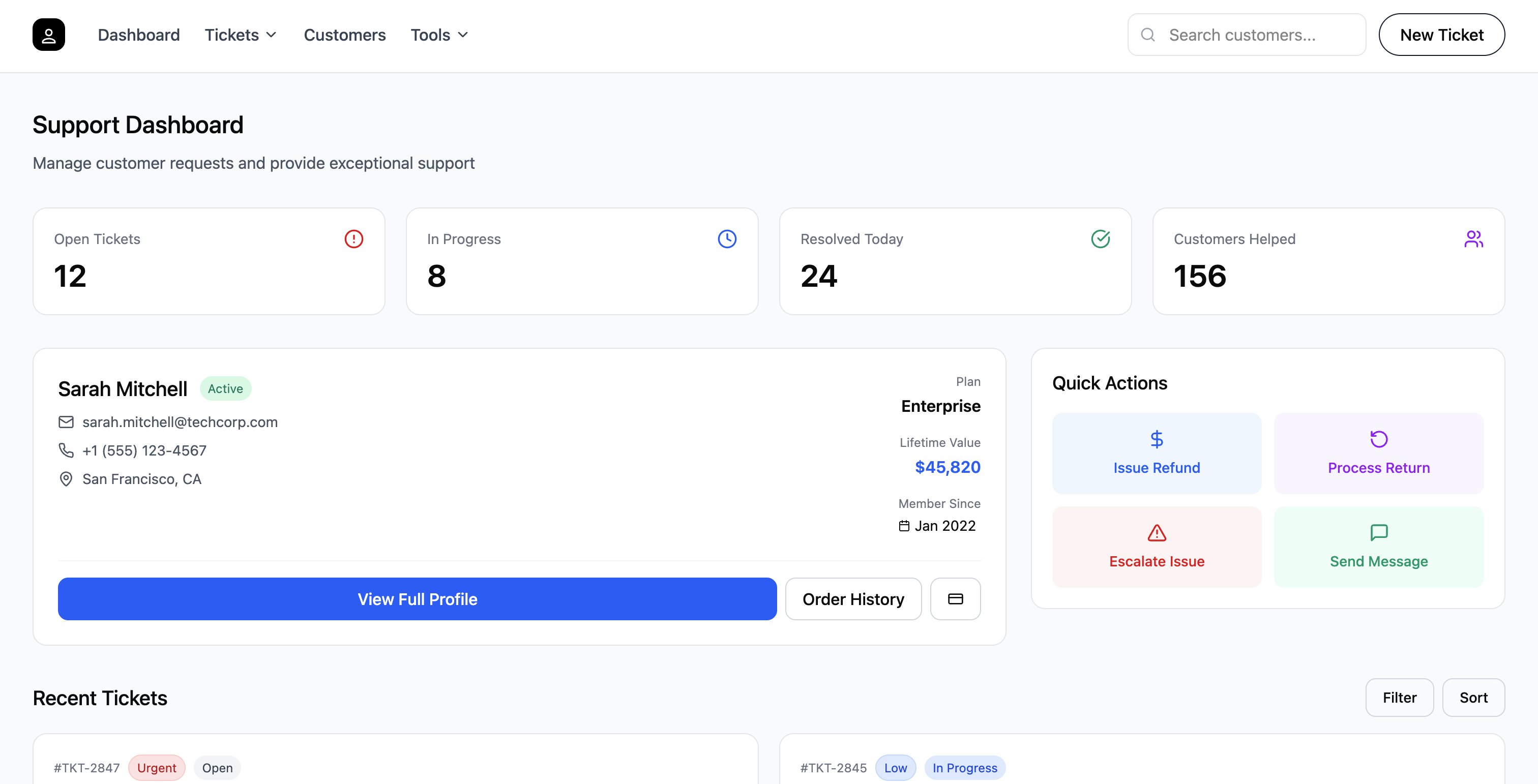 Support dashboard with tickets, customer lookup, and quick actions