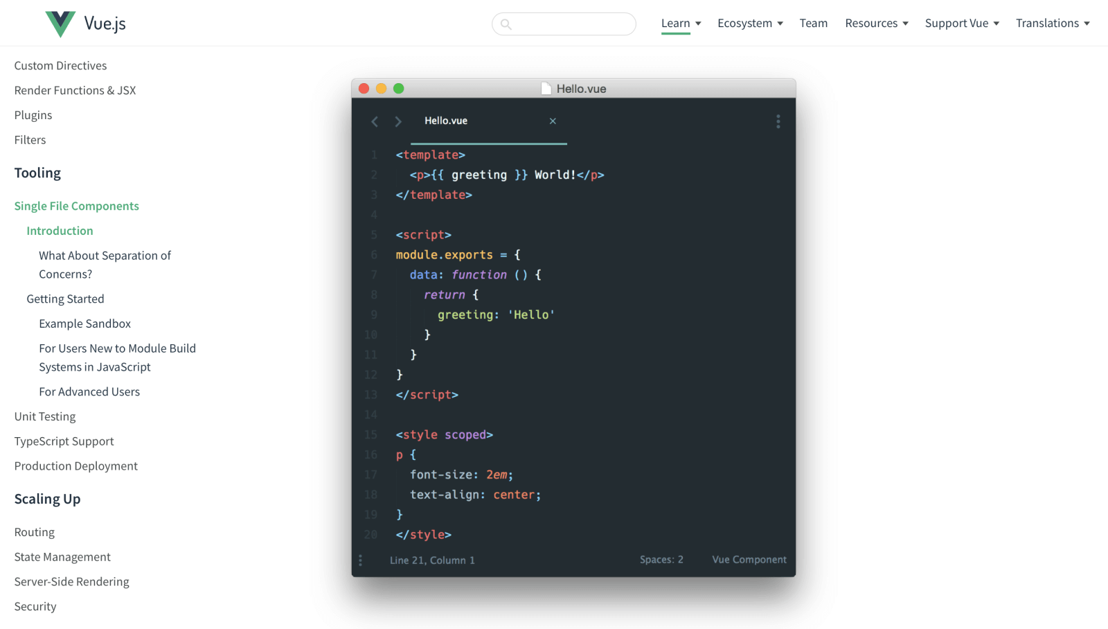Screenshot of Vue JS documentation site