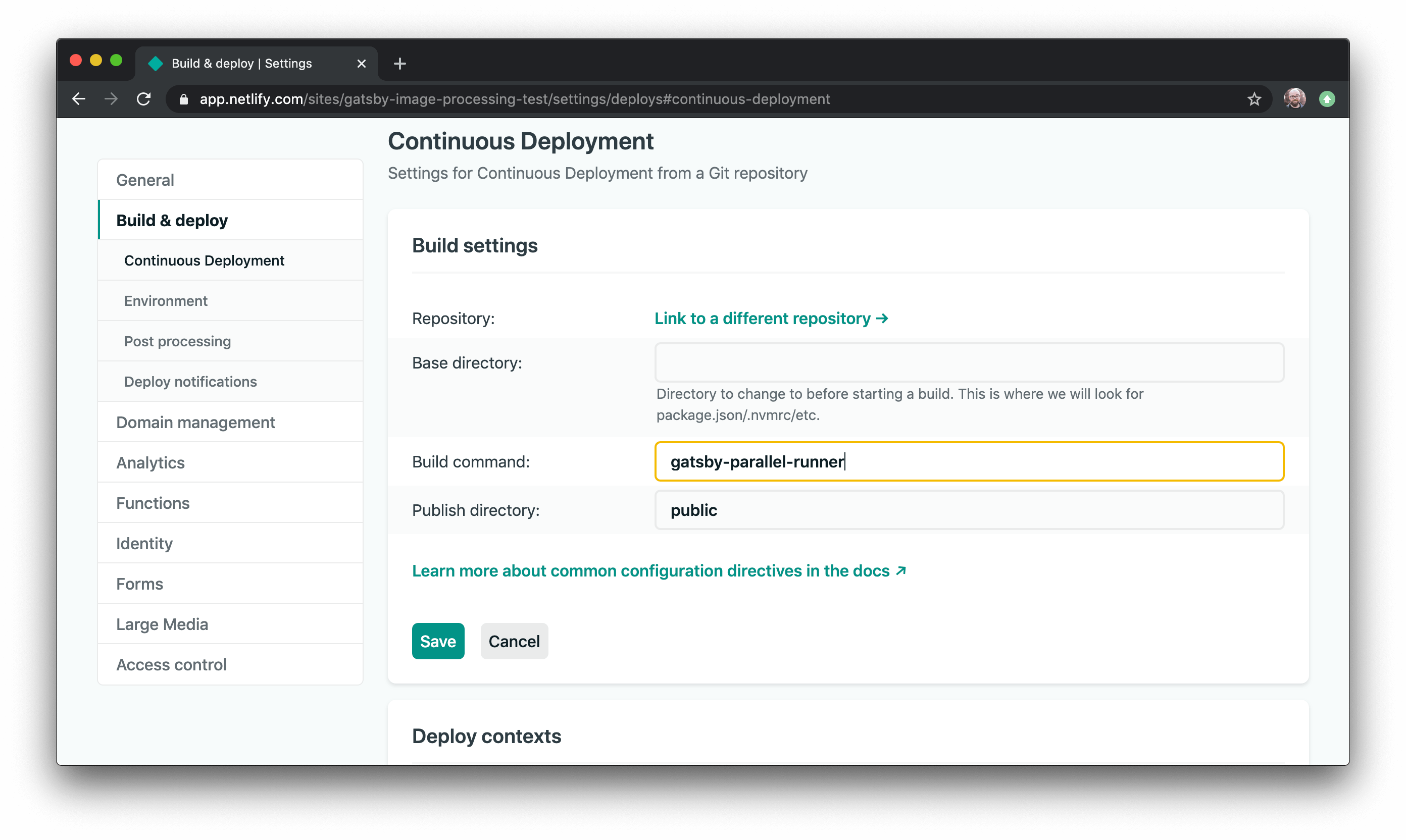Netlify build settings updated to use gatsby-parallel-runner