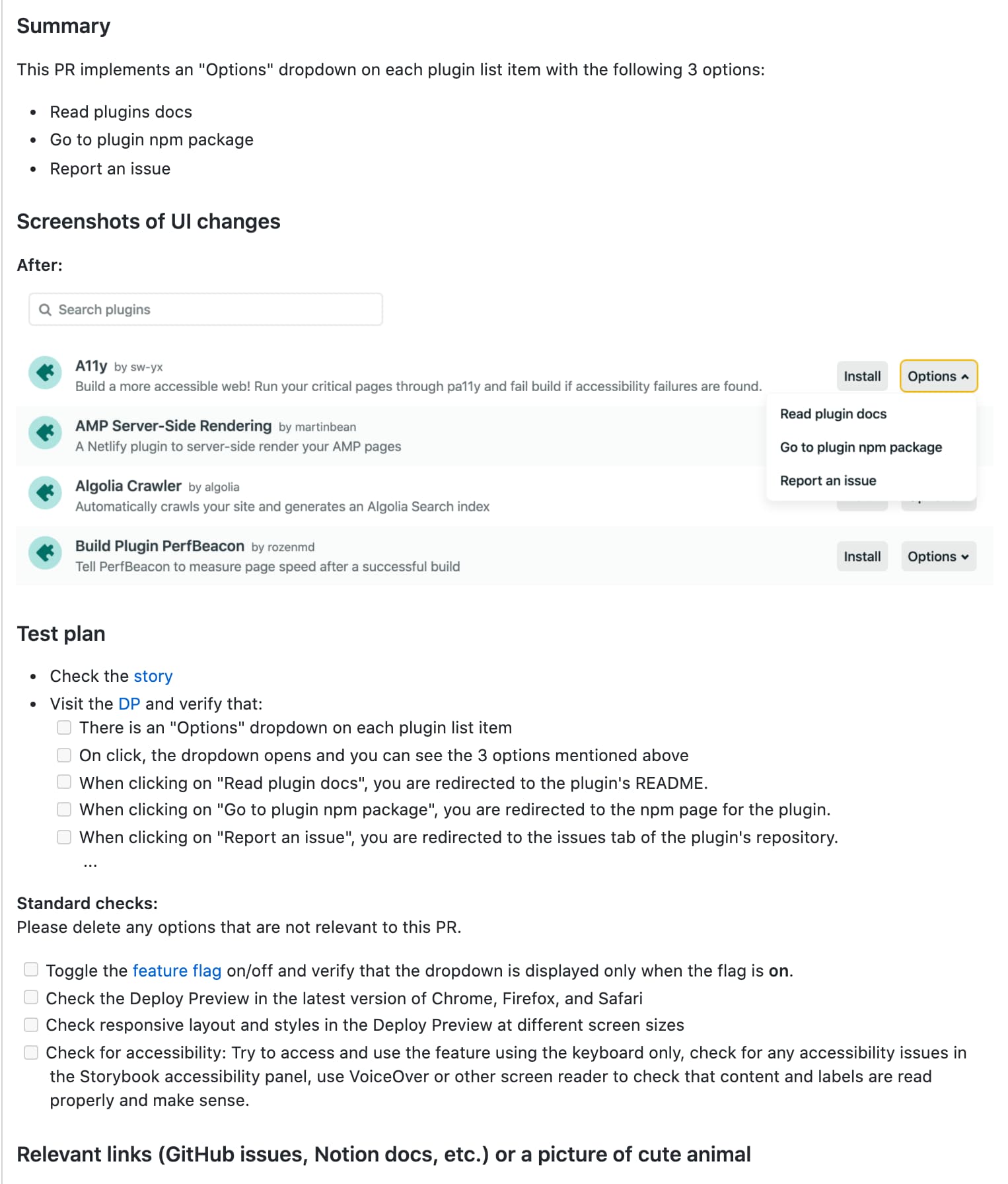 Example of a pull request template completed